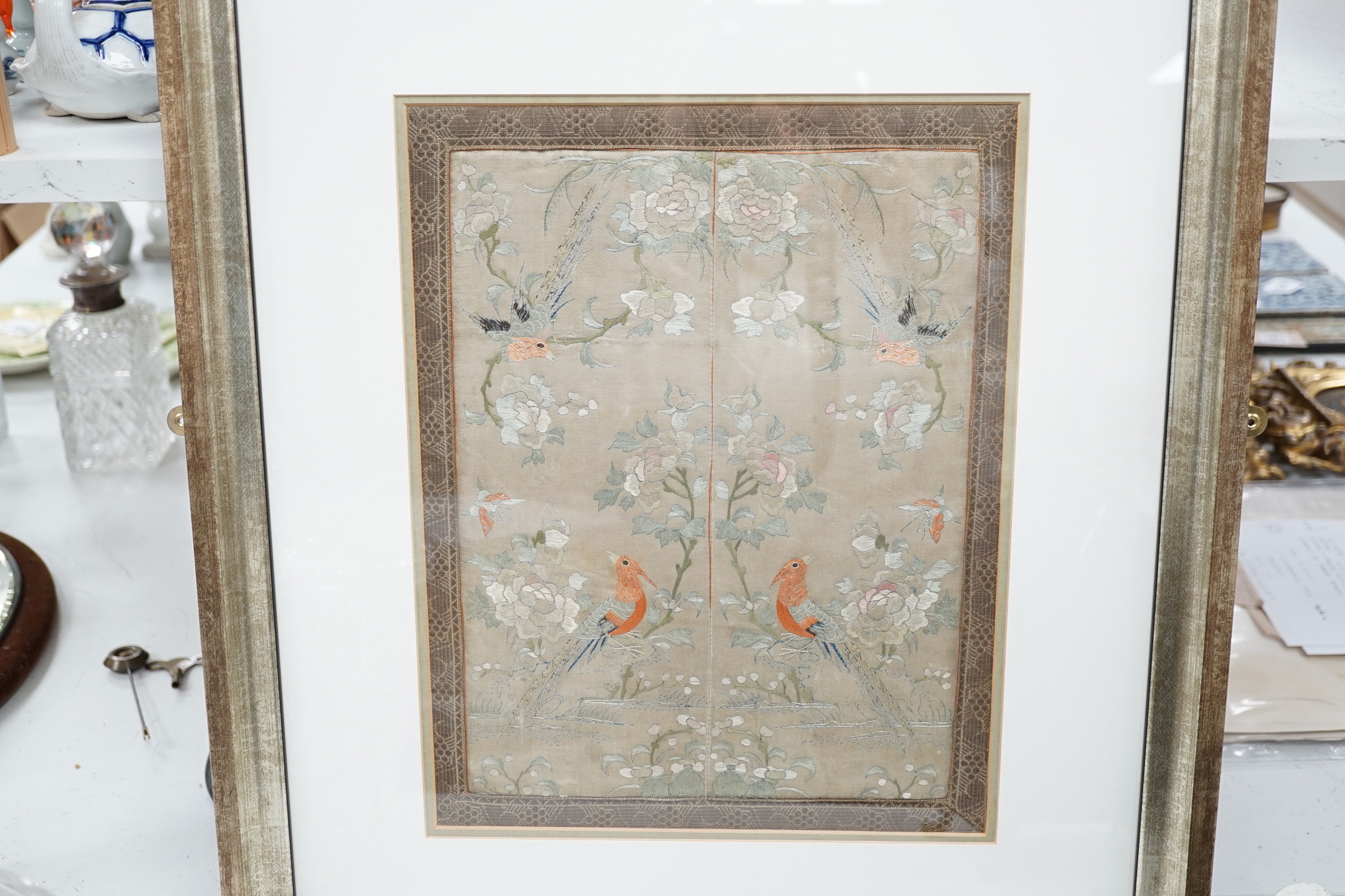 A framed Chinese embroidered silk panel, 37x29cm excl frame